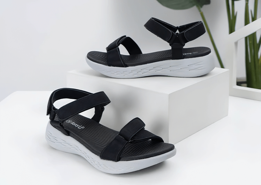 Black soft sole wedge open sandals for women with hook & loop closure and breathable mesh upper, ideal for sports activities - SF0323